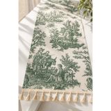 Luxoras Home Fransız Köylü Desenli Duck Kumaş Ucu Püsküllü Runner 40x140 Vintage Country Dekoratif Masa Örtüsü