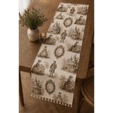 Luxoras Home Fransız Şato Desenli Duck Kumaş Runner Ucu Püsküllü Vintage Country Dekoratif Masa Örtüsü