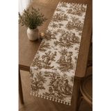 Luxoras Home Kahverengi Fransız Köylü Desenli Duck Kumaş Runner Ucu Püsküllü Vintage Country Dekoratif Masa Örtüsü