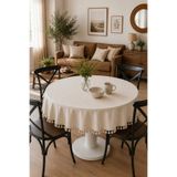 Luxoras Home Keten Püsküllü Yuvarlak Masa Örtüsü Sade Natural - Vintage Bohem Salon Mutfak Masa Örtüsü