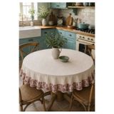 Luxoras Home Keten Yuvarlak Masa Örtüsü Fırfırlı BordoFransız Köylü Desenli Vintage Country Bohem Salon Mutfak Örtüsü