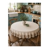 Luxoras Home Keten Yuvarlak Masa Örtüsü Fırfırlı Kahve Fransız Köylü Desenli Vintage Country Bohem Salon Mutfak Örtüsü