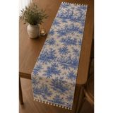 Luxoras Home Lacivert Fransız Köylü Desenli Duck Kumaş Runner Ucu Püsküllü Vintage Country Dekoratif Masa Örtüsü