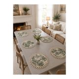 Luxoras Home Yeşil 6'lı Duck Kumaş Püsküllü Supla Amerikan Servis Seti - Vintage Bohem Fransız Köylü Desenli Yuvarlak Masa Dekoru