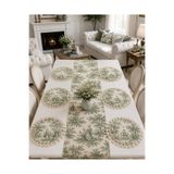 Luxoras Home Yeşil Duck Kumaş Düz Runner ve Püsküllü 6’lı Supla Amerikan Servis Seti - Vintage Bohem Fransız Köylü Desenli Yuvarlak Masa Dekoru - 7 Parça Çeyiz Seti