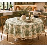 Luxoras Home Yuvarlak Duck Kumaş Fransız Köylü Desenli Püsküllü Masa Örtüsü Country Bohem Salon ve Mutfak - Yeşil - 160 x 160 cm
