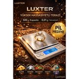 LUXTER 500 gr Kapasite 0.01 Gram Çok Hassas Mutfak Diyet Kuyumcu Gümüşçü Epoksi Terazisi + PİL HEDİYELİDİR