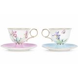 Luxury Collection Porselen Çay Fincan Seti, 2'li, 250cc, Iris ve Kelebek Desenli, Pembe ve Mavi