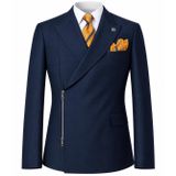 Luxury Erkek Lacivert Çapraz Fermuarlı Blazer Ceket, 56 Beden | Çift Sıra Yaka, Asimetrik Kesim, Cep Mendili Dahil, Slim Fit Tasarım, Özel Rozet Detayı