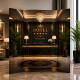 Luxury Hotel Reception Dekoratif Paravan – Otel Lobisi Temalı Oda Bölücü Çift Taraf Baskılı 3 Kanat Yükseklik 180 X Genişlik 120