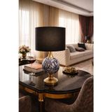 Luxury Pirinç Seramik Abajur 50 cm – El Yapımı Lacivert Desenli, Siyah Şapkalı Masa Lambası