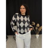 Luz Jakarlı Argyle Model Kazak - Gri - Antrasit - Standart