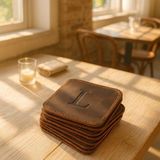 LWA Leather Hakiki Eskitme Deri 6'lı Kare Bardak Altlığı Seti - El Yapımı Lüks Masa Aksesuarı 12X12 cm Kestane Rengi
