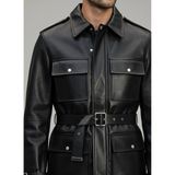 Lwl Safari Stil Kemerli ve Dört Cepli Kahverengi Deri Ceket - Premium Field Mont Parka - Siyah