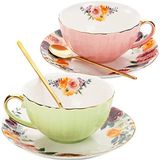 Lyellfe 2'li Çay Fincanı ve Tabağı Seti, 8oz Altın Süslemeli ve Kaşıklı Çiçekli Çay Bardakları, Porselen İngiliz Kahve Fincanları, Cappuccino Espresso Latte Kupası Parti Doğum Günü Düğün Hediyeleri