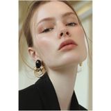 LYKOS Vintage Siyah Oval Taşlı Kadın Küpe - Retro İkili Halka Detaylı Çivi Takı