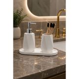 Lyzovi 3 Parça Mermer Desenli Sade Beyaz Premium Banyo Seti | Sabunluk, Fırçalık, Tepsi