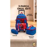 M.Blade 2 KADEMELİ ÇEKÇEKLİ TEKERLEKLİ KAREKTER DESENLİ ERKEK MAVİ 3 LÜ SET TAKIM İLKOKUL SIRT ÇANTASI 40*27*17CM