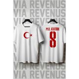 M. K. Atatürk Baskılı Bisiklet Yaka Bol Kesim %100 Pamuk Unisex Dünya Kupası Özel Tasarım Tshirt - Beyaz