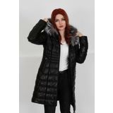 M M Marki Marki Siyah Özel Kürklü Şişme Deri Mont, Hakiki Deri, Özel Kürklü Kapüşon, 90 Cm, Kadın, Fermuarlı