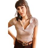 m marlo Kadın Polo Yaka Fitilli Yumuşak Dokulu Crop Bluz (Bej, Standart)
