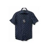M Slim Fit Kalıp Siyah, Çiçek Desenli Pamuk Kısa Kollu Klasik Erkek Gömlek