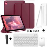 M.TK Moveteck Apple iPad 11 (A16) 2025 10. Nesil 10.9 Uyumlu Smart Flip Kılıf + Bluetoothlu Klavye + Mause + Dokunmatik Kalem Avuç Içi Red Özellikli 5'li Set - iPad A16 / 10. Nesil - Bordo