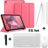 M.TK Moveteck Apple iPad 11 (A16) 2025 10. Nesil 10.9 Uyumlu Smart Flip Kılıf + Bluetoothlu Klavye + Mause + Dokunmatik Kalem Avuç Içi Red Özellikli 5'li Set - iPad A16 / 10. Nesil - Karpuz Kırmızısı