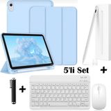 M.TK Moveteck Apple iPad 11 (A16) 2025 10. Nesil 10.9 Uyumlu Smart Flip Kılıf + Bluetoothlu Klavye + Mause + Dokunmatik Kalem Avuç Içi Red Özellikli 5'li Set - iPad A16 / 10. Nesil - Mavi
