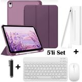 M.TK Moveteck Apple iPad 11 (A16) 2025 10. Nesil 10.9 Uyumlu Smart Flip Kılıf + Bluetoothlu Klavye + Mause + Dokunmatik Kalem Avuç Içi Red Özellikli 5'li Set - iPad A16 / 10. Nesil - Mor