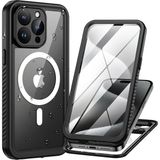 M.TK Moveteck Apple Iphone 15 Pro Kılıf 360 Derece Su Geçirmez Telefon Kılıfı Toz Geçirmez Zırh Tank Kapak Case Military Waterproof Magsafe Destekli Arkası Şeffaf Armour Ip-68 - Siyah