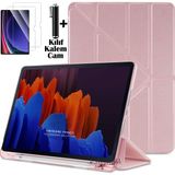 M.TK Moveteck Honor Pad X9A 11.5 Inç 2025 Kılıf Kalem Bölmeli Katlanabilir Standlı Yumuşak Silikon Akıllı Kapak + Ekran Koruyucu Cam + Dokunmatik Kalem 3lü Set - Rose Gold