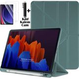 M.TK Moveteck Ipad Air 11 Inç M2 M3 M4 Çip Air 4. /5. /6./7. Nesil Kılıf Kalem Bölmeli Katlanabilir Standlı Yumuşak Silikon Kapak + Ekran Koruyucu Cam + Dokunmatik Kalem 3'lü Set - İpad Air 11 - Air 4 5 6 - Koyu Yeşil