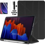 M.TK Moveteck Ipad Air 11 Inç M2 M3 M4 Çip Air 4. /5. /6./7. Nesil Kılıf Kalem Bölmeli Katlanabilir Standlı Yumuşak Silikon Kapak + Ekran Koruyucu Cam + Dokunmatik Kalem 3'lü Set - İpad Air 11 - Air 4 5 6 - Siyah