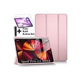 M.TK moveteck İpad Pro 11inç M4 2024 Uyumlu Kılıf Akıllı Smart Uyku Modlu Kalem Bölmeli Renkli Standlı Cam Kalem, Rose Gold, Tek Ebat, KalemlikliSmartSET-11pro2024-rosegold