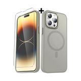 m.tk moveteck iPhone 15 Pro Max ile Uyumlu Kılıf, Mat Magsafe Şarj Özellikli, Yumuşak Renkli Kapak + Ekran Koruyucu Cam Set, Gri