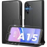 M.TK Moveteck Samsung Galaxy A15 Kılıf 360 Tam Kaplar Deri Dokulu Kapaklı Cüzdan Standlı Kartvizitli Kapak - Siyah
