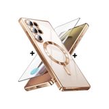 m.tk moveteck Samsung Galaxy S23 Ultra ile Uyumlu Kılıf, Magsafe, Renkli Kenarlı, Arkası Şeffaf Silikon, Ekran Koruyucu Cam Set, Gold