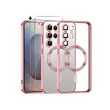 m.tk moveteck Samsung Galaxy S23 Ultra ile Uyumlu Kılıf, Magsafe, Renkli Kenarlı, Arkası Şeffaf Silikon + Ekran Koruyucu Cam Set, Rose Gold
