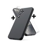 M.TK moveteck Samsung Galaxy S24 Plus Kılıf Kamera Korumalı Yumuşak Silikon + 9H Ekran Koruyucu Cam 2'Li Set Kapak, Siyah, Tek Ebat, biyeSET-s24plus-siyah1