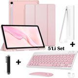 M.TK Moveteck Samsung Galaxy S9 Fe Plus / S10 Plus 12.4 Inç Uyumlu Smart Flip Kılıf + Bluetoothlu Klavye + Mause + Dokunmatik Stylus Kalem 5'li Set - Galaxy S9Fe Plus/S10 Plus 12.4inç - Rose Gold