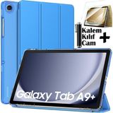 M.TK Moveteck Samsung Galaxy Tab A9 Plus 11 Inç SM-X210 Tablet Kılıfı Akıllı Smart Uyku Modlu Katlanabilir Arkası Şeffaf Standlı Kılıf + Ekran Koruyucu Cam + Kalem 3'lü Set SM-X213 X215 X217 - Galaxy Tab A9 Plus 11inç - Mavi