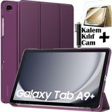M.TK Moveteck Samsung Galaxy Tab A9 Plus 11 Inç SM-X210 Tablet Kılıfı Akıllı Smart Uyku Modlu Katlanabilir Arkası Şeffaf Standlı Kılıf + Ekran Koruyucu Cam + Kalem 3'lü Set SM-X213 X215 X217 - Galaxy Tab A9 Plus 11inç - Mor