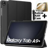 M.TK Moveteck Samsung Galaxy Tab A9 Plus 11 Inç SM-X210 Tablet Kılıfı Akıllı Smart Uyku Modlu Katlanabilir Arkası Şeffaf Standlı Kılıf + Ekran Koruyucu Cam + Kalem 3'lü Set SM-X213 X215 X217 - Galaxy Tab A9 Plus 11inç - Siyah