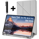 M.tk moveteck Samsung Galaxy Tab S9 Fe Plus 12.4 SM-X610 Kılıf Kalem Bölmeli Trifolding Yatay Dikey Standlı Case Hediye Kalemli - Açık Gri