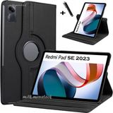 M.TK Moveteck Xiaomi Redmi Pad Se 11 Inç Tablet Kılıf 360 Dönebilen Stand Tam Koruma Pu Deri Akıllı Kapaklı Kılıf+ Dokunmatik Kalem - Redmi Pad SE 11İnç 2023 - Siyah