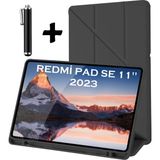 M.TK Moveteck Xiaomi Redmi Pad Se 11 Inç Tablet Uyumlu Kılıf Katlanır Kalem Bölme Yuvası Standlı Uyku Modlu Akıllı Yumuşak Kapak - Redmi Pad SE 11'' 2023 - Siyah