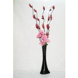 M3 Decorium 60 cm Uzun Siyah Desenli Vazo 5 Kırmızı Üzüm Dalı 5 Pembe Ortanca