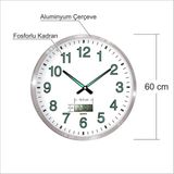 M3 Decorium Büyük Dev 60 cm Aluminyum Çerçeveli Fosforlu Dijitalli Termometreli Düz Okunaklı Kadran Duvar Saati