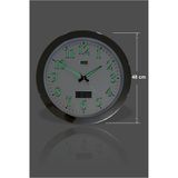 M3 Decorium Dev Büyük 48 cm Krom Metal Çerçeve Fosforlu Duvar Saati Gece Karanlıkta Görünen Nemölçerli Termometreli Takvimli Sessiz Kayar Akar Saniyeli